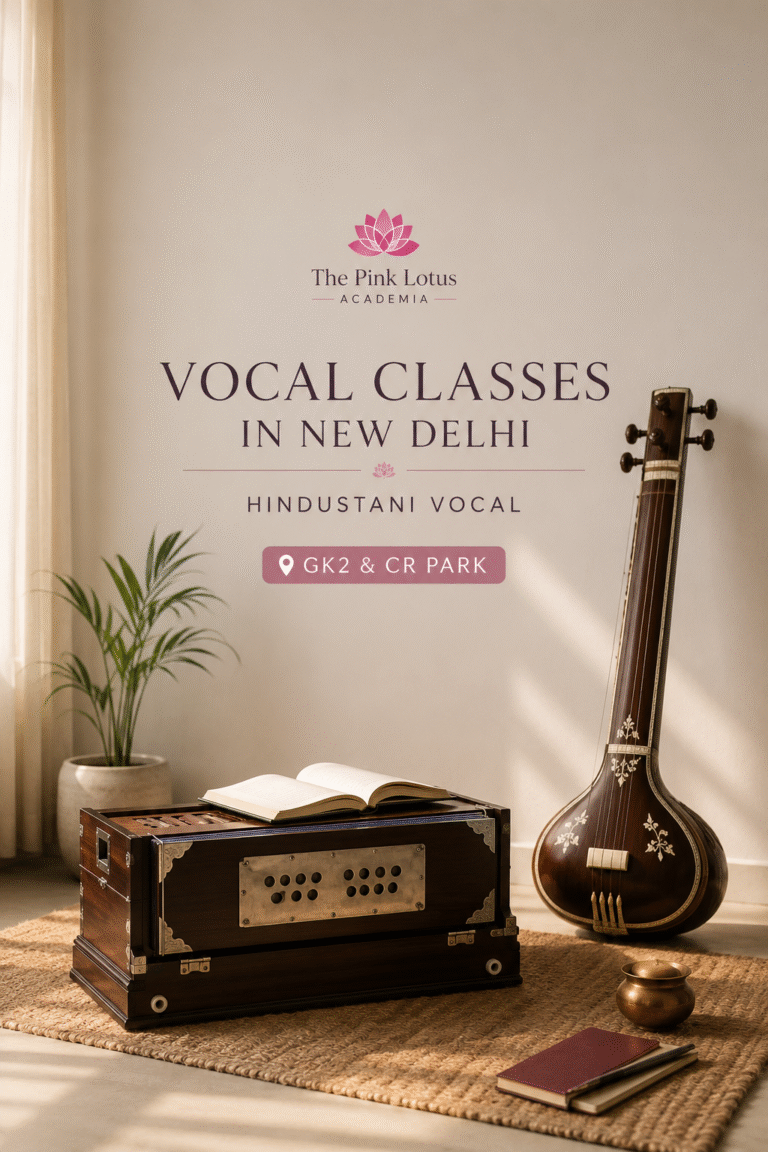 Minimalist music studio featuring a harmonium and tanpura representing Hindustani Vocal Classes at The Pink Lotus Academia in New Delhi.