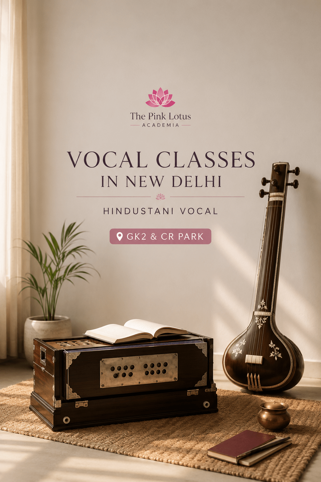Minimalist music studio featuring a harmonium and tanpura representing Hindustani Vocal Classes at The Pink Lotus Academia in New Delhi.